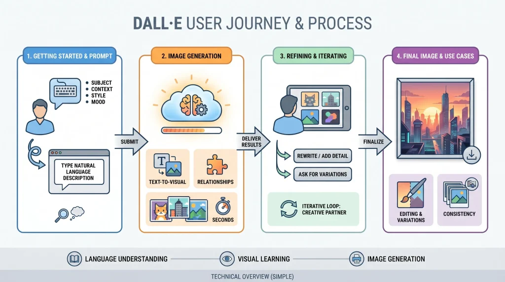 What Is DALL·E and How Does It Work? 1 DALL·E AI image generation workflow infographic showing prompt creation, image generation, refinement, and final output process