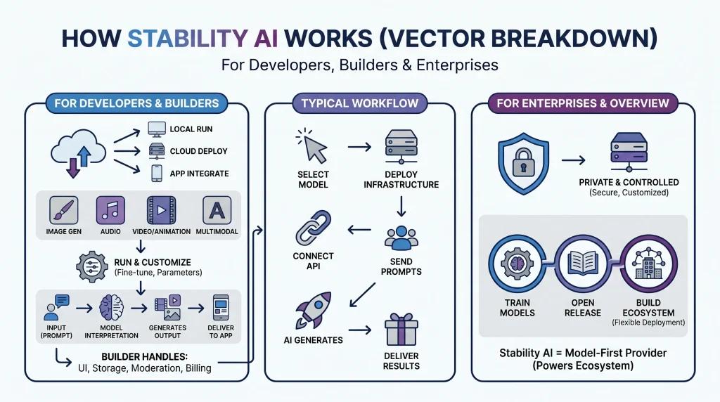 Stability AI workflow infographic showing AI model deployment, API integration, prompt processing, and enterprise AI infrastructure