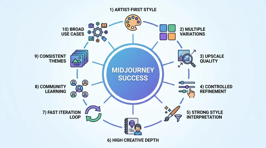 Midjourney success framework infographic showing AI art generation workflow, style interpretation, image upscaling, variations, and creative iteration