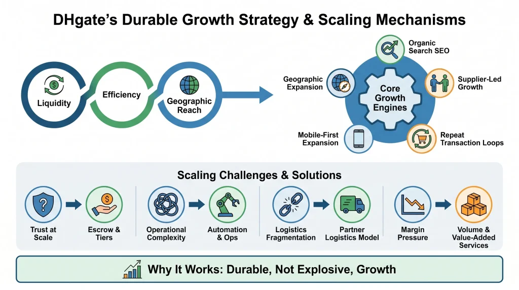 DHgate growth strategy infographic showing ecommerce scaling mechanisms, operational efficiency, supplier growth, logistics, and marketplace expansion