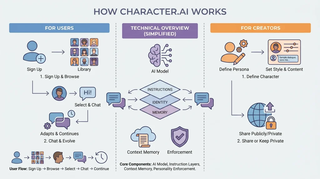 What Is Character.AI and How Does It Work? 1 Character AI workflow infographic showing AI chat system, creator tools, context memory, persona setup, and conversational AI architecture