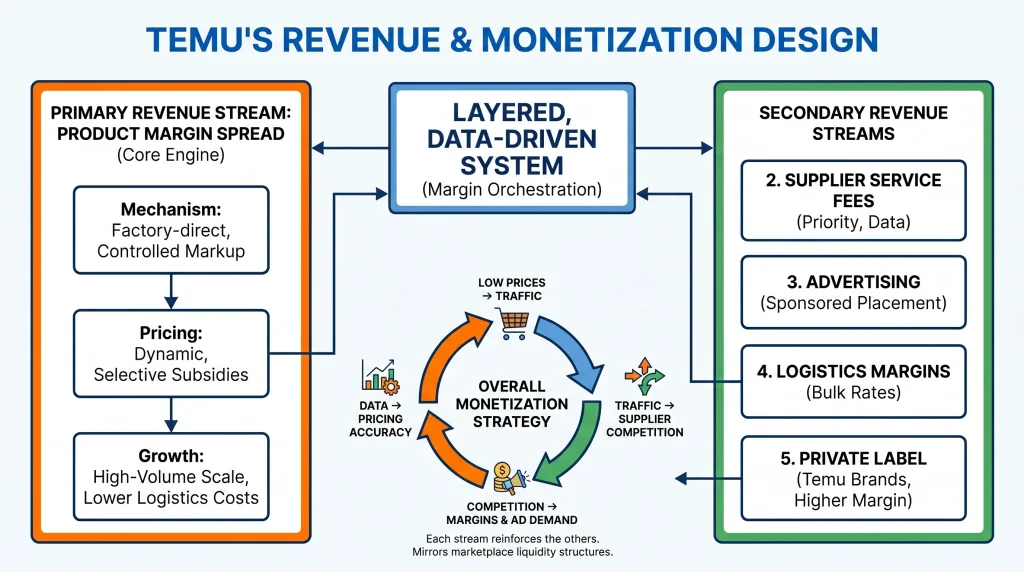 Business Model of Temu : Complete Strategy Breakdown 2026 1 Temu monetization strategy infographic showing product margin spreads, supplier service fees, advertising revenue, logistics margins, and private label ecommerce growth