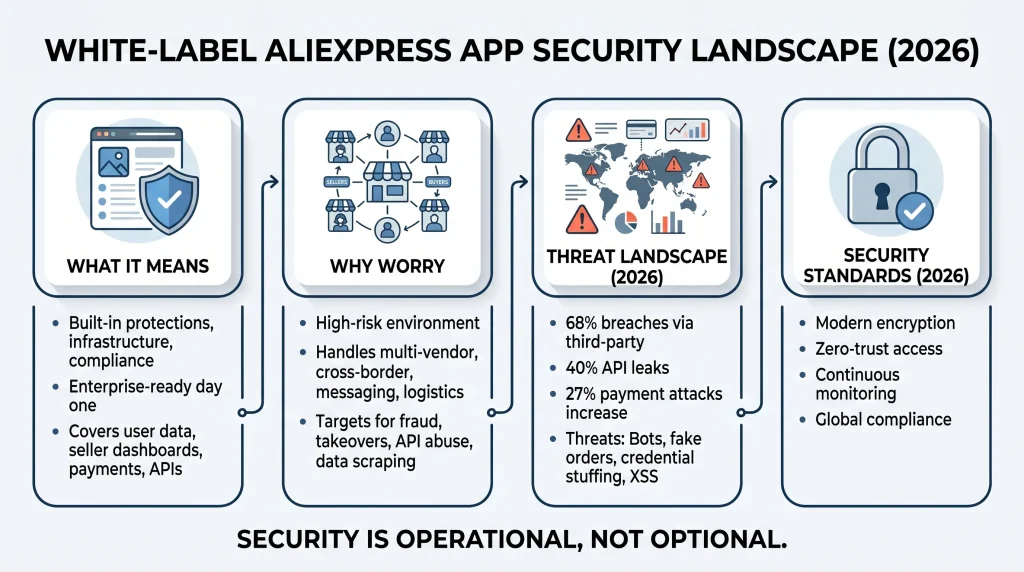White-label ecommerce app security infographic showing API protection, payment security, fraud prevention, encryption standards, and marketplace threat landscape in 2026