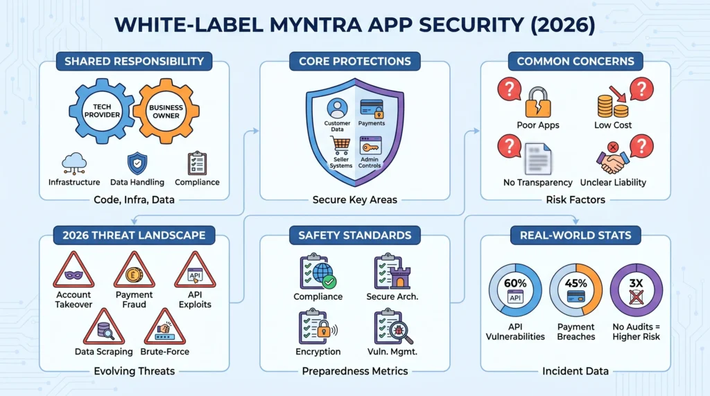 How Safe Is a White-Label Myntra App? Security Guide 2026 1 Infographic showing white-label Myntra app security with shared responsibility, core protections, threat landscape, safety standards, compliance, encryption, API risks, payment fraud, and vulnerability management.