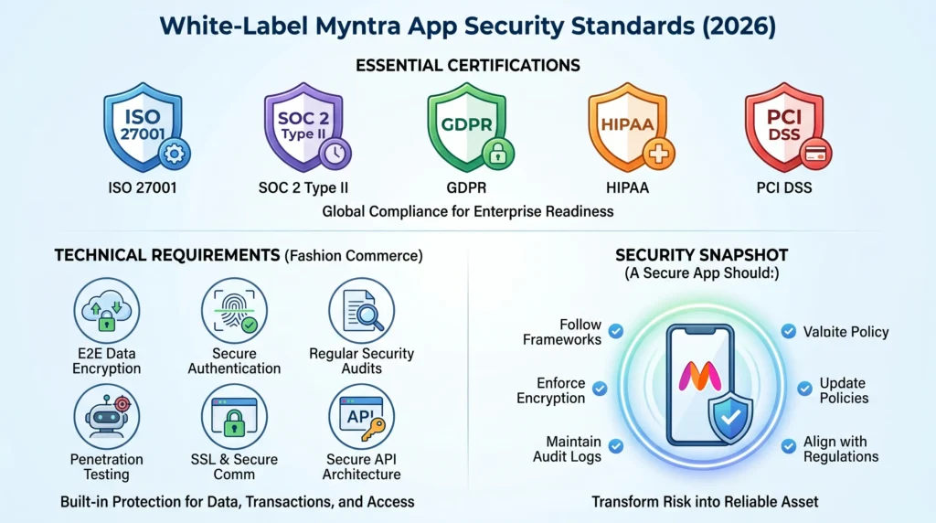 How Safe Is a White-Label Myntra App? Security Guide 2026 2 Infographic showing white-label Myntra app security standards with ISO 27001, SOC 2, GDPR, HIPAA, PCI DSS, encryption, secure authentication, audits, penetration testing, SSL, and secure API architecture.