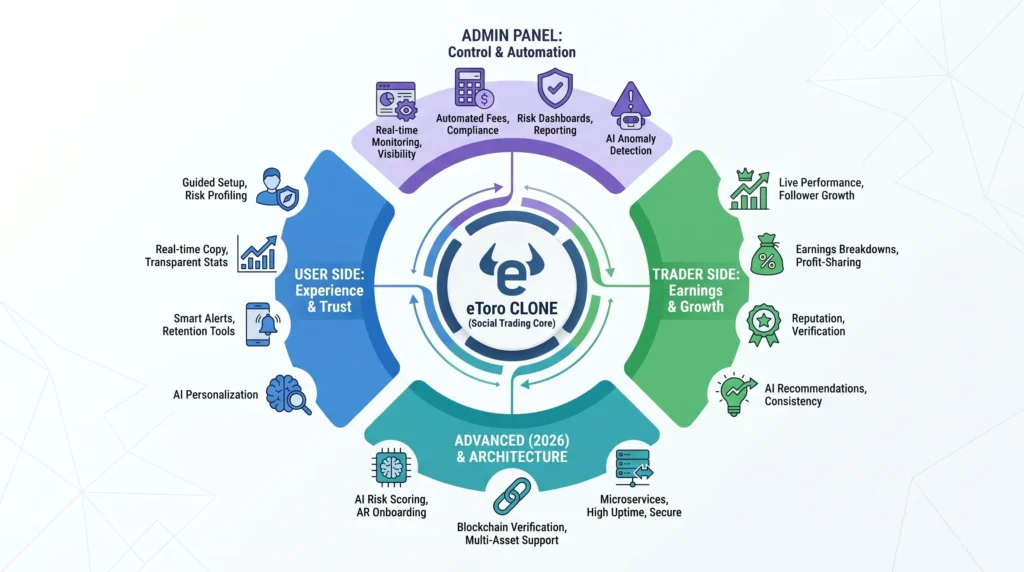 Best eToro Clone Scripts 2026: Build a Social Trading Platform That Scales Globally 1 Infographic showing eToro clone social trading features including user experience, copy trading, trader earnings, admin automation, AI recommendations, risk dashboards, blockchain verification, and microservices architecture.