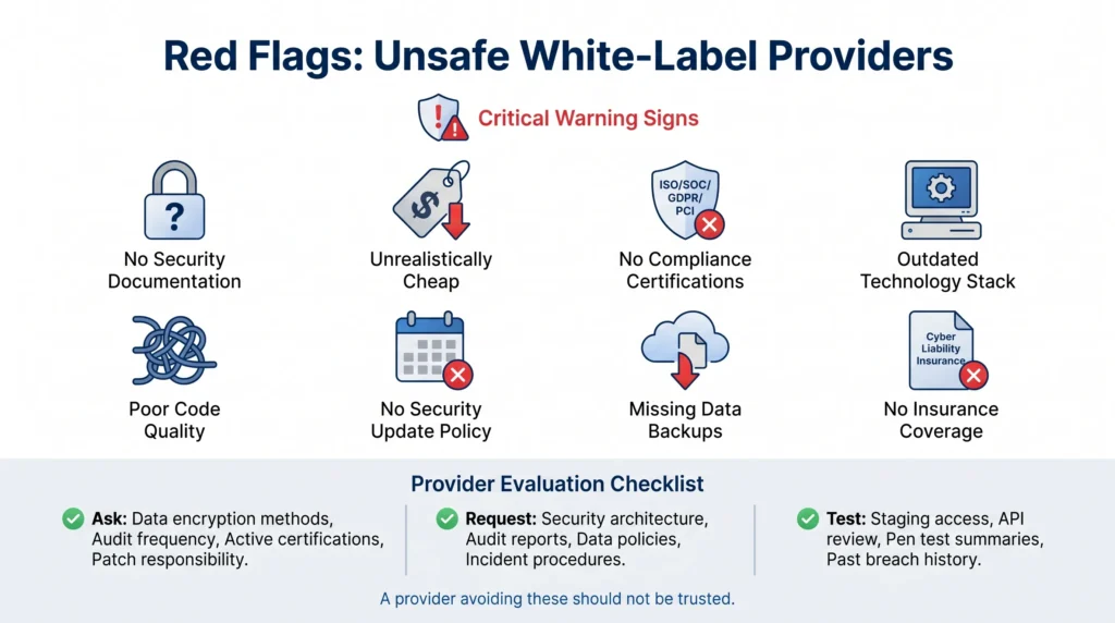 White-Label Walmart App Security: Risks, Compliance & Safety 1 Infographic showing unsafe white-label provider red flags including no security documentation, unrealistically cheap pricing, no compliance certifications, outdated tech stack, poor code quality, missing backups, no update policy, and no insurance coverage.
