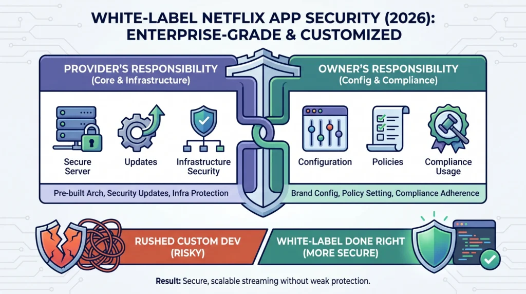 White-Label Netflix App Security: Risks, Compliance & Safety in 2026 1 Netflix app security banner showing a white-label streaming app interface with compliance and safety features, user protection, secure payments, content access controls, and 2026 security standards.
