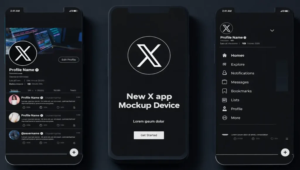 White-label X app mockup showing profile screen, onboarding screen, and navigation menu in dark mode UI
