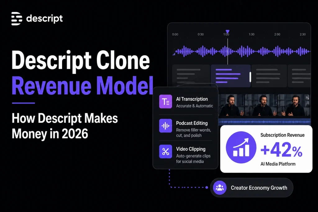 Descript clone revenue model illustration showing AI transcription, podcast editing, video clipping, and subscription revenue growth