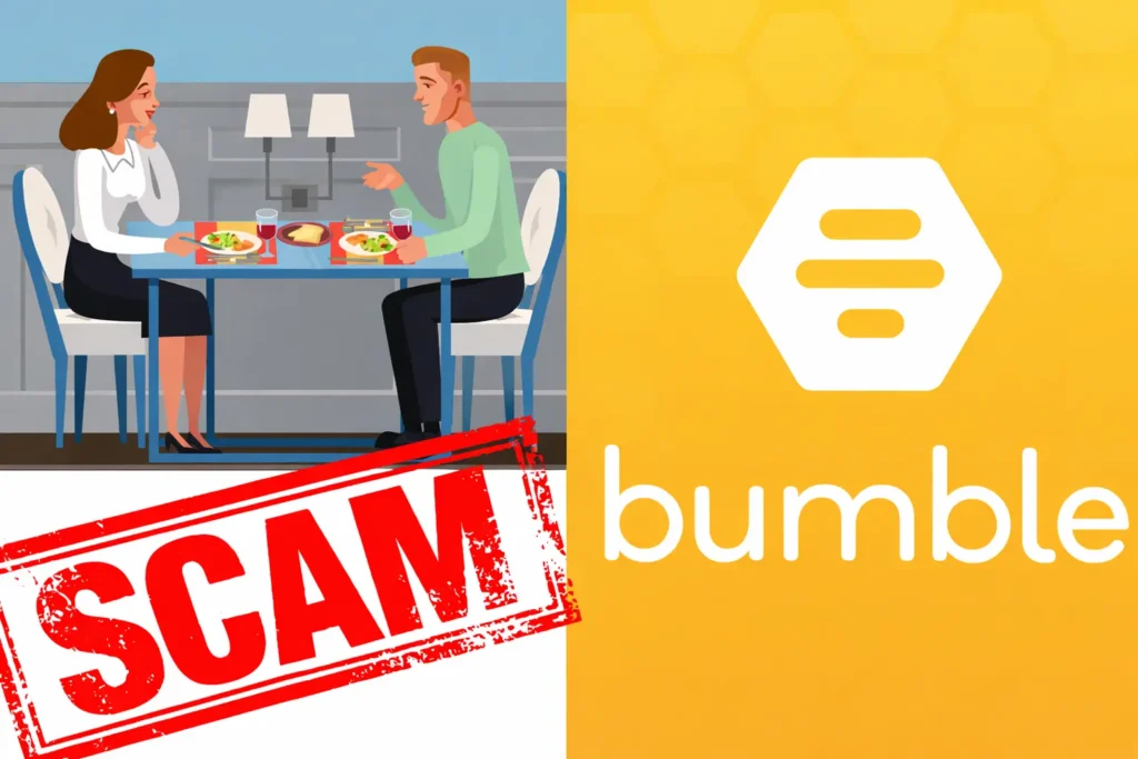 Bumble dating app scam concept image showing couple on dinner date with scam warning stamp and Bumble branding for safety awareness 2026