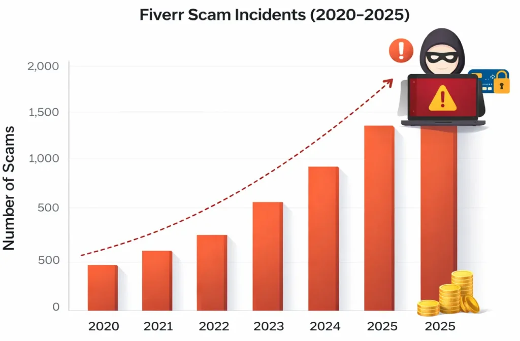 Bar graph showing increase in Fiverr scam incidents from 2020 to 2025 on a white background