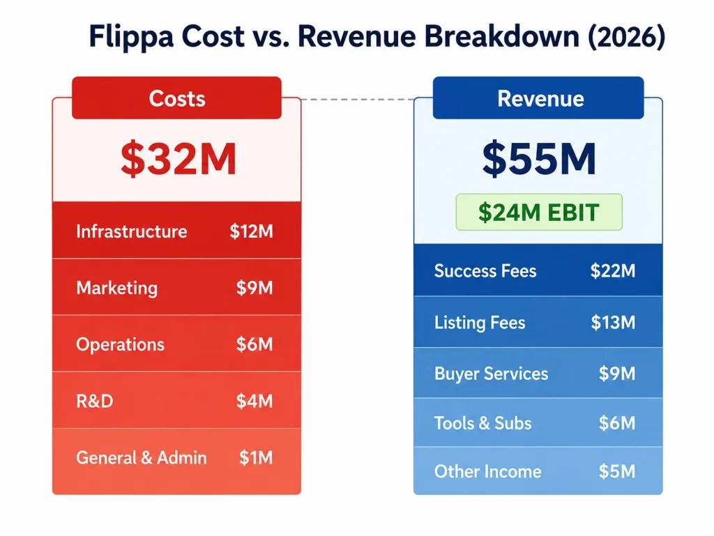 Flippa Revenue Model: How Flippa Makes Money in 2026 2 Flippa cost vs revenue breakdown chart for 2026 showing marketplace operating costs, revenue streams, and EBIT profitability