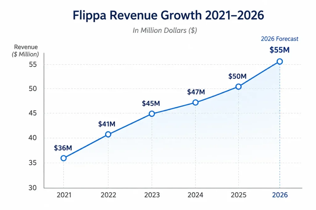 Flippa Revenue Model: How Flippa Makes Money in 2026 1 Flippa revenue growth chart from 2021 to 2026 showing marketplace platform revenue increasing from $36M to a projected $55M