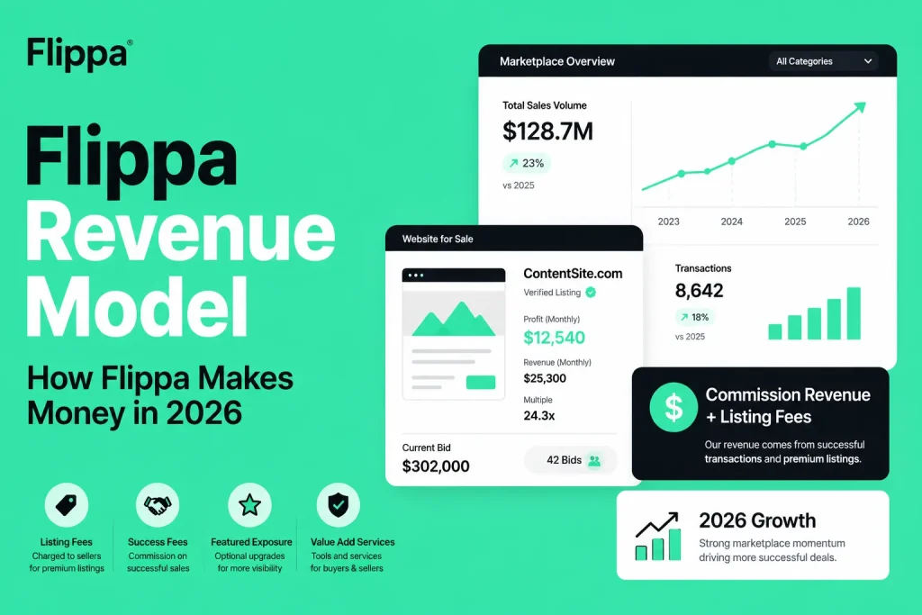 Flippa revenue model infographic showing online business marketplace revenue streams, listing fees, success commissions, and marketplace growth analytics