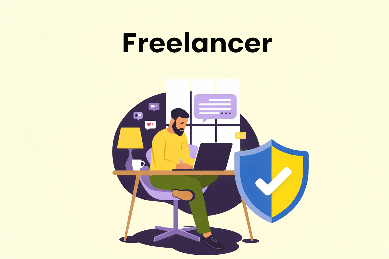 Freelancer working on laptop with security shield icon representing secure freelancer app and data protection