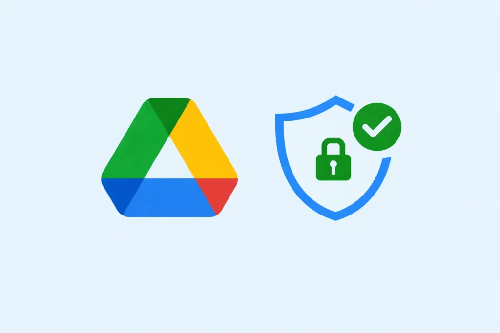 Google Drive logo with security shield, lock and checkmark icon on light blue background