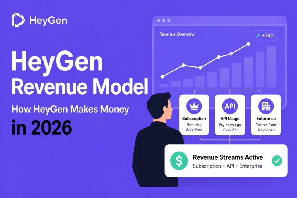 HeyGen revenue model 2026 showing subscription plans, API usage pricing, and enterprise solutions with growth chart