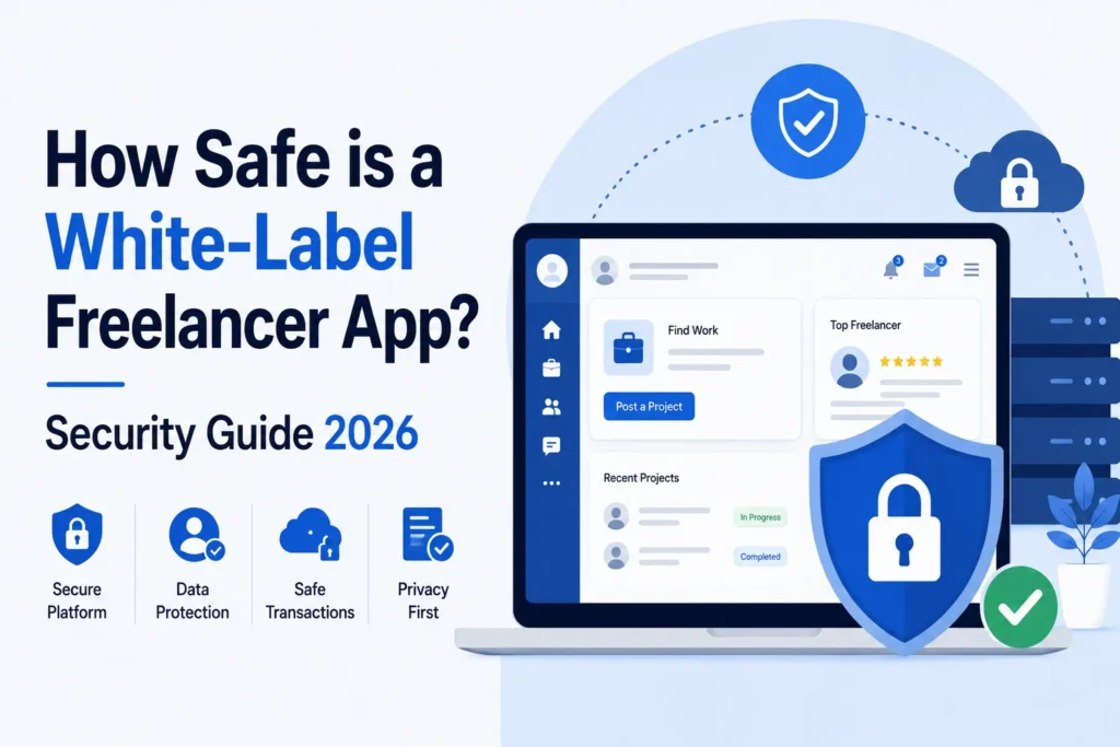 Illustration of a secure white-label freelancer app platform with privacy protection, secure transactions, cloud security, and user data protection features.