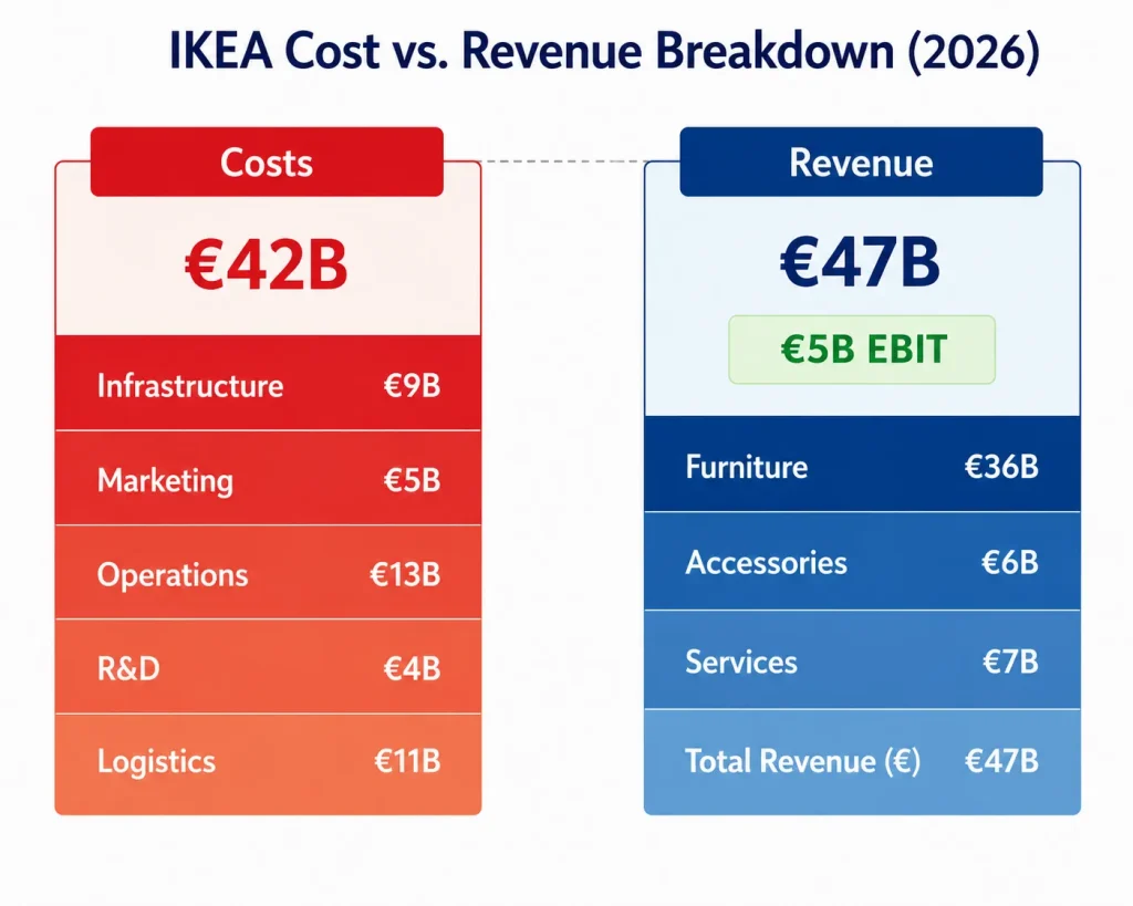 IKEA cost vs revenue breakdown chart for 2026 showing operational costs, logistics expenses, furniture revenue, and total EBIT performance