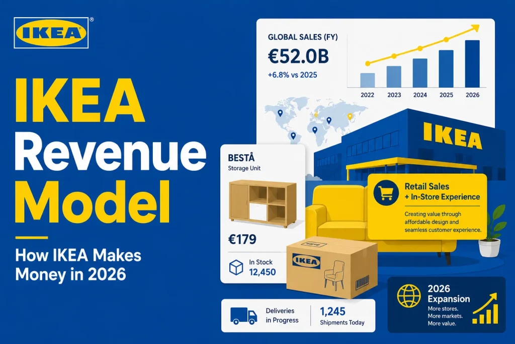 IKEA revenue model infographic showing global retail sales growth, furniture product pricing, store expansion strategy, and in-store shopping experience in 2026