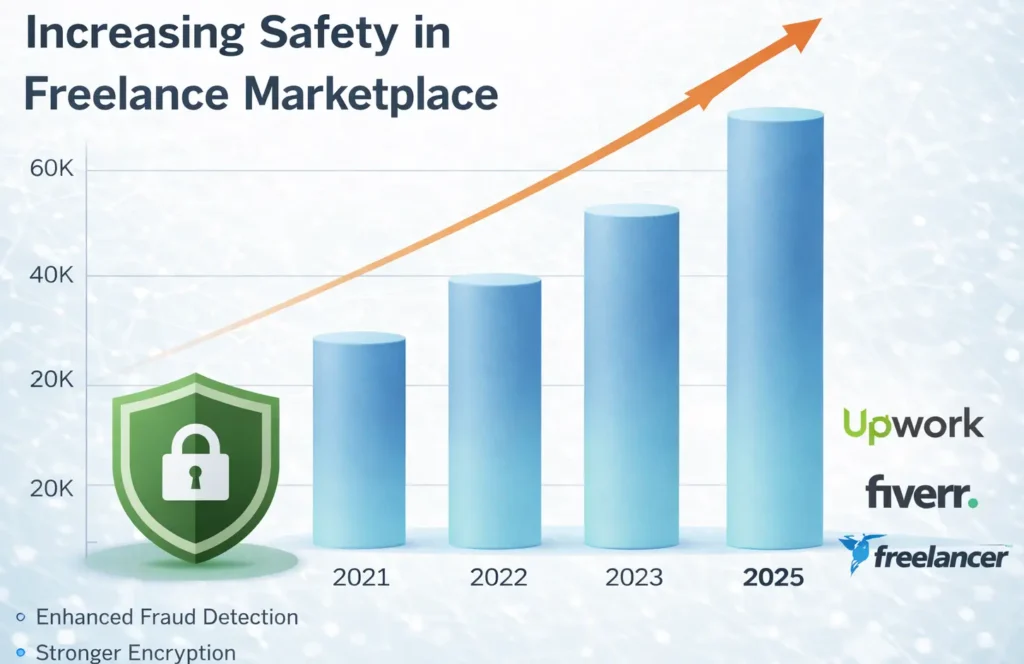 Graph showing increasing safety measures in freelance marketplace apps from 2021 to 2025 with focus on Upwork app security, fraud detection, and encryption