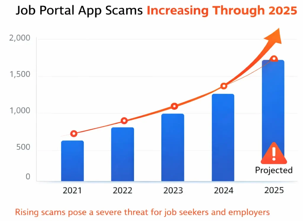 Graph showing increasing job portal app scams from 2021 to 2025 with projected risk warning