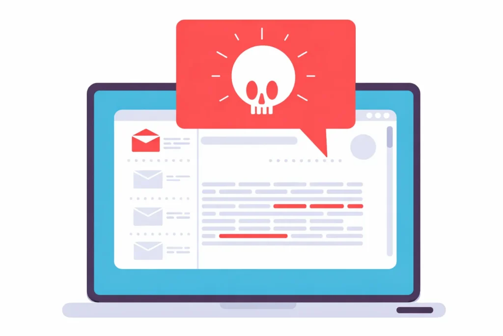 Illustration showing phishing attack and security threat warning on social media app interface with malware alert