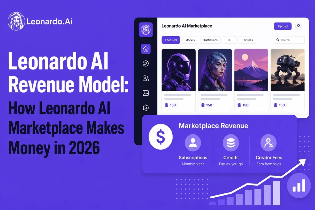 Leonardo AI marketplace revenue model illustration showing AI art generation, subscriptions, creator fees, credits, and digital asset marketplace monetization