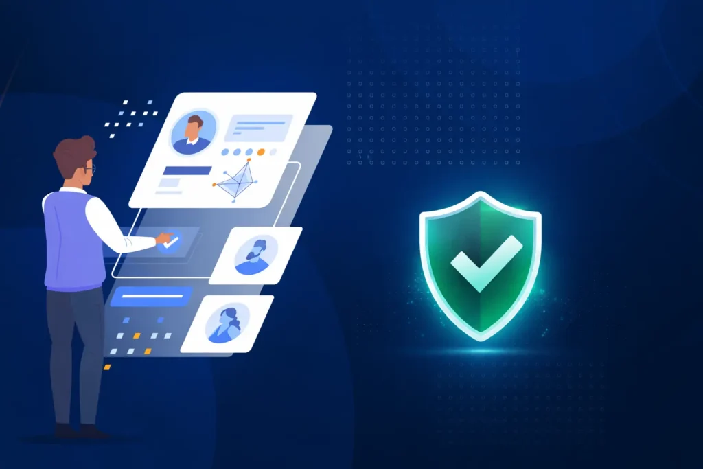 Illustration showing job portal app interface with shield icon representing data security and user privacy
