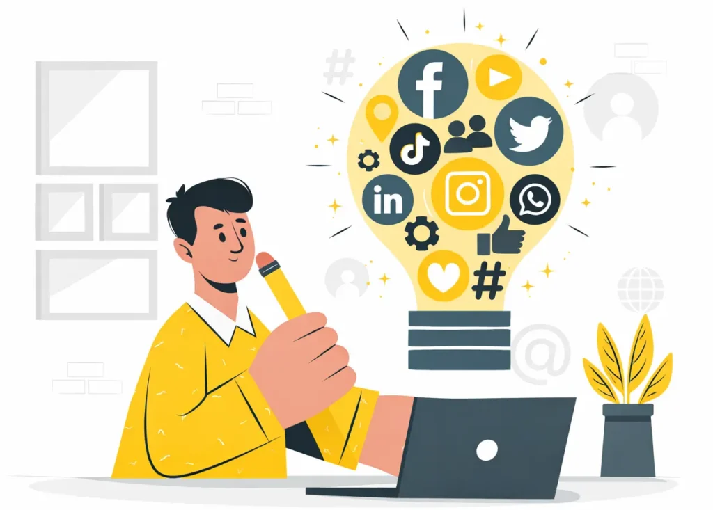 Creator using laptop with social media icons lightbulb for microblogging app strategy 2026