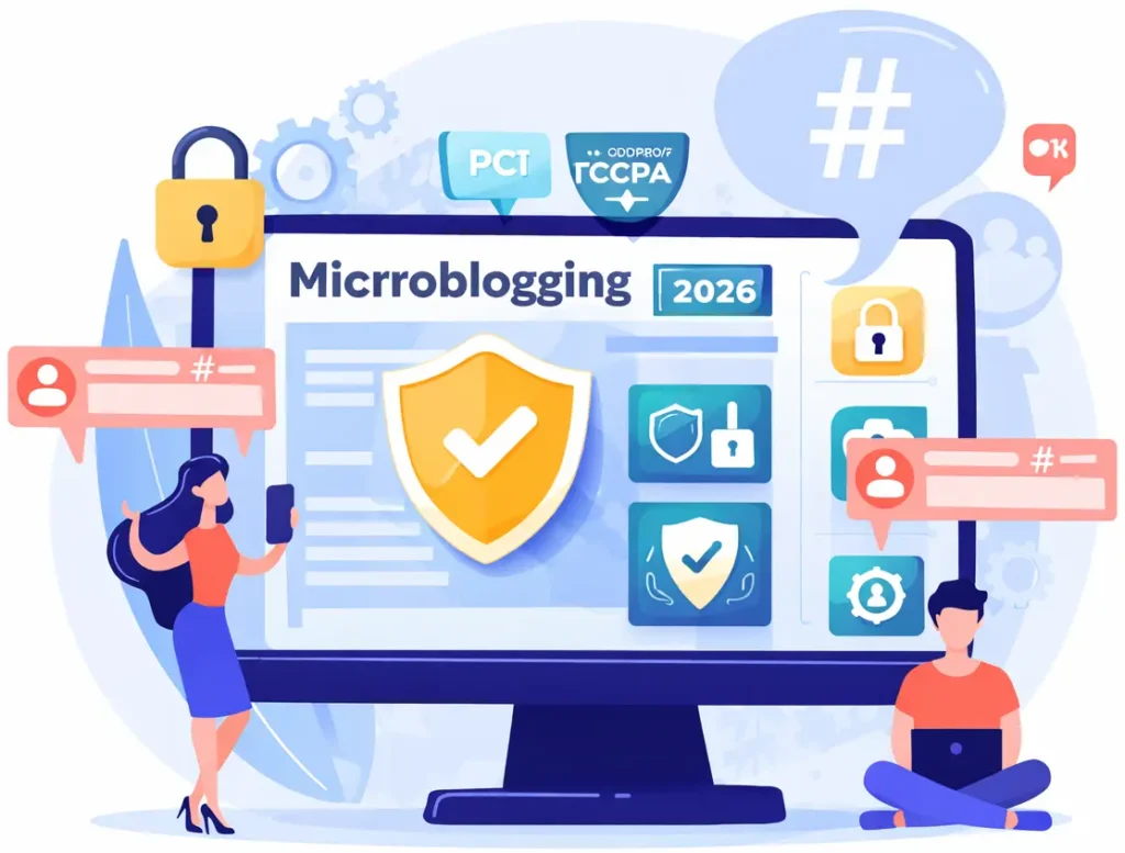 Secure microblogging app with privacy shield, encryption and GDPR compliance icons 2026