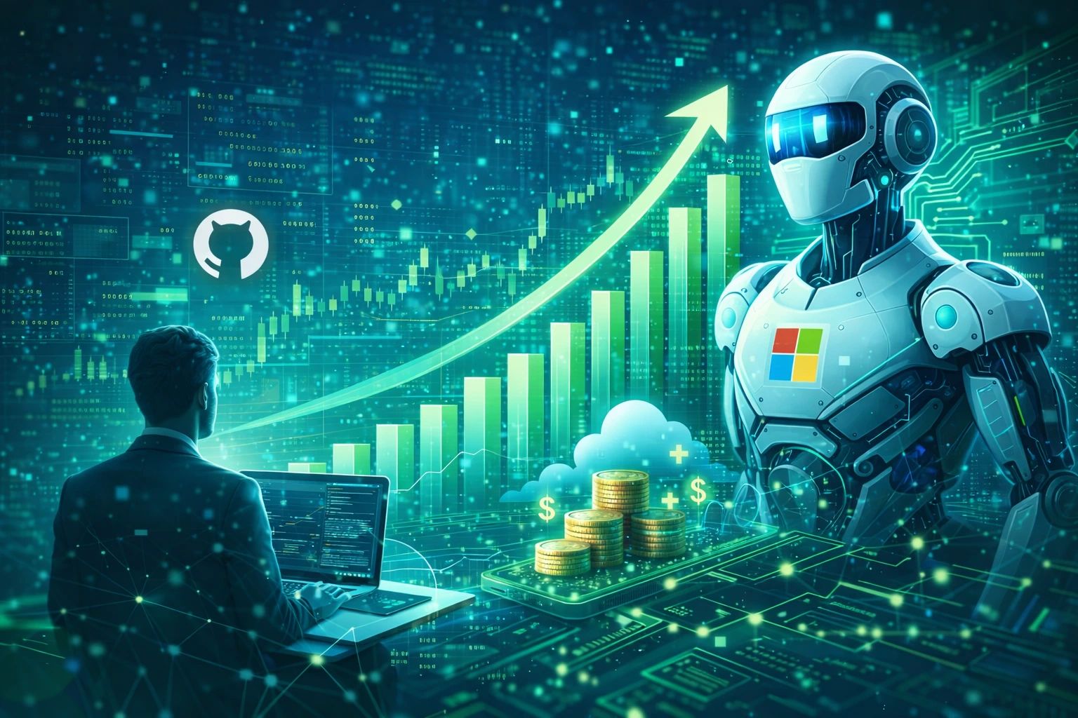 Futuristic AI assistant helping professionals with productivity and data analysis, representing Microsoft Copilot’s revenue model, enterprise subscriptions, and cloud-powered AI growth in 2025.
