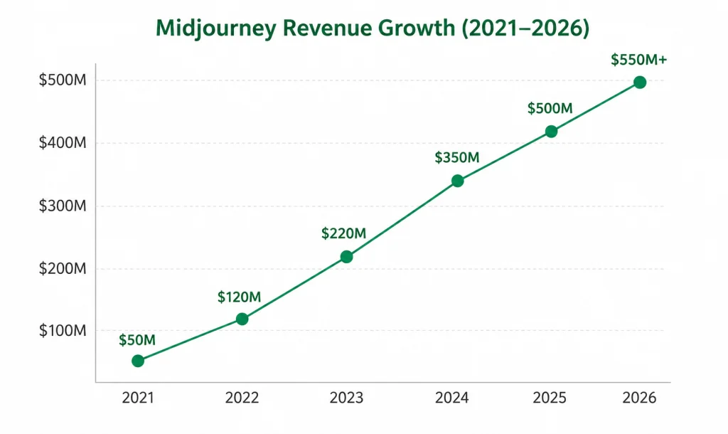 Midjourney Revenue Model: How Midjourney Makes Money in 2026 1 Midjourney revenue growth chart showing estimated increase from $50 million in 2021 to over $550 million in 2026