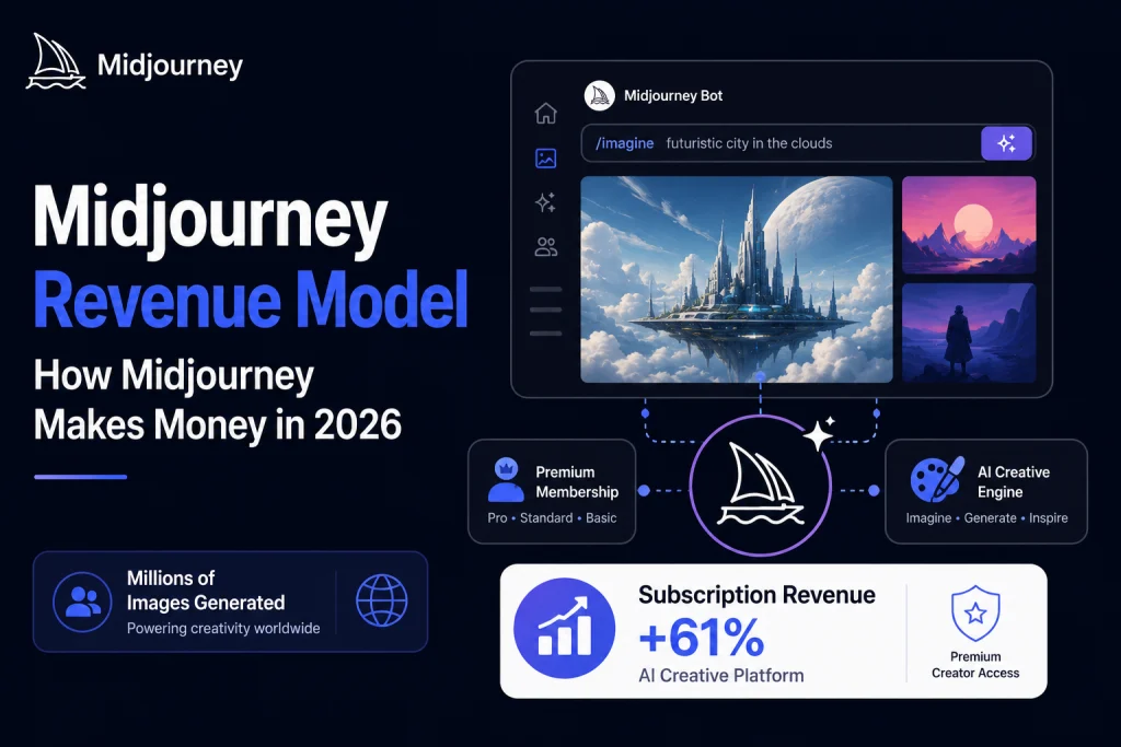 Midjourney revenue model illustration showing AI image generation, premium memberships, subscription revenue growth, and creative platform monetization