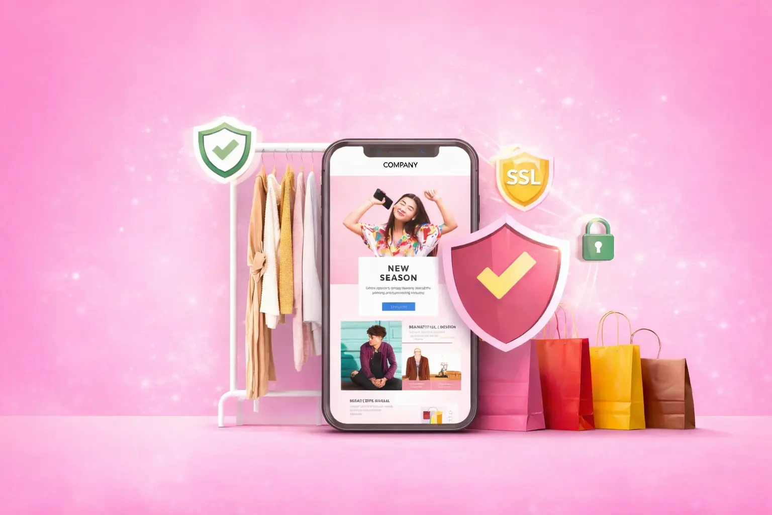 Myntra fashion shopping app interface with secure checkout, data protection, and app safety visuals in pink theme