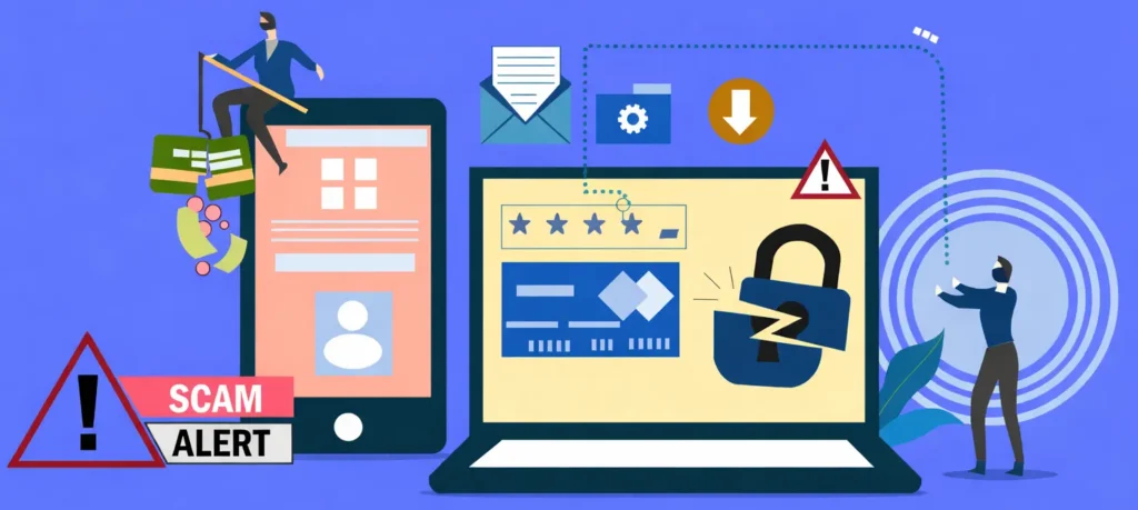 Illustration showing freelancer app security threats, scam alert, data protection, and secure payment systems