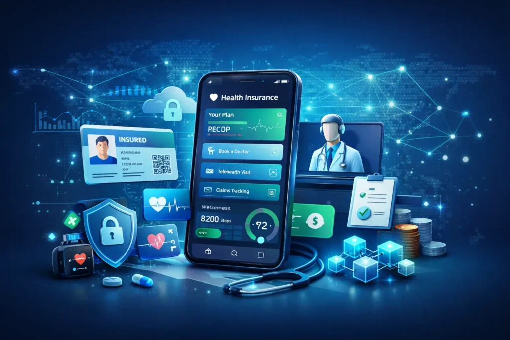 Futuristic illustration showing a digital health insurance platform with virtual ID cards, telemedicine access, AI wellness insights, and global network connections, representing Miracuves’ Oscar Health Clone Script
