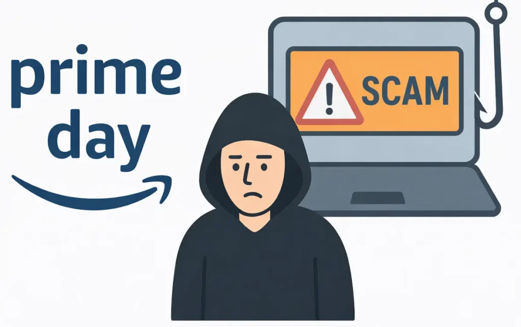 Prime Day scam illustration showing phishing attack with fake Prime Video warning on laptop