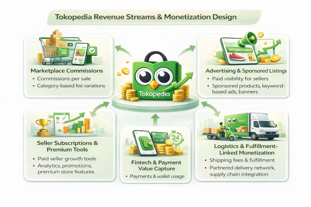 Tokopedia revenue streams and monetization design infographic showing commissions, ads, seller tools, logistics and fintech value capture Business Model of Tokopedia