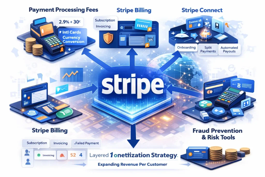 Feature image showing Stripe’s business model with digital payments, global expansion, fintech dashboard, growth charts, and online transaction ecosystem on a clean white background.