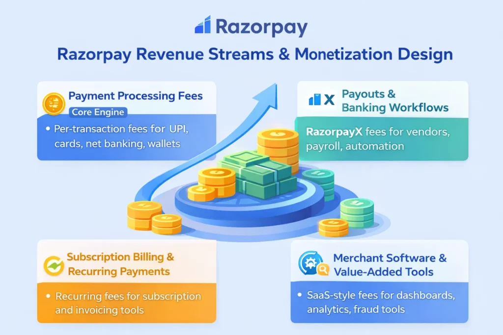 Simple illustration showing Razorpay revenue streams including payment processing, payouts, subscriptions, and merchant tools Business Model of Razorpay .