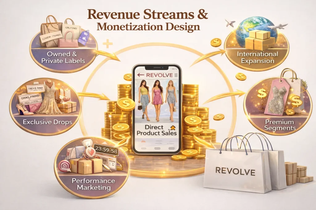 Feature image showing Revolve app shopping interface with ecommerce growth charts, logistics boxes, and fashion retail concept Business Model of Revolve