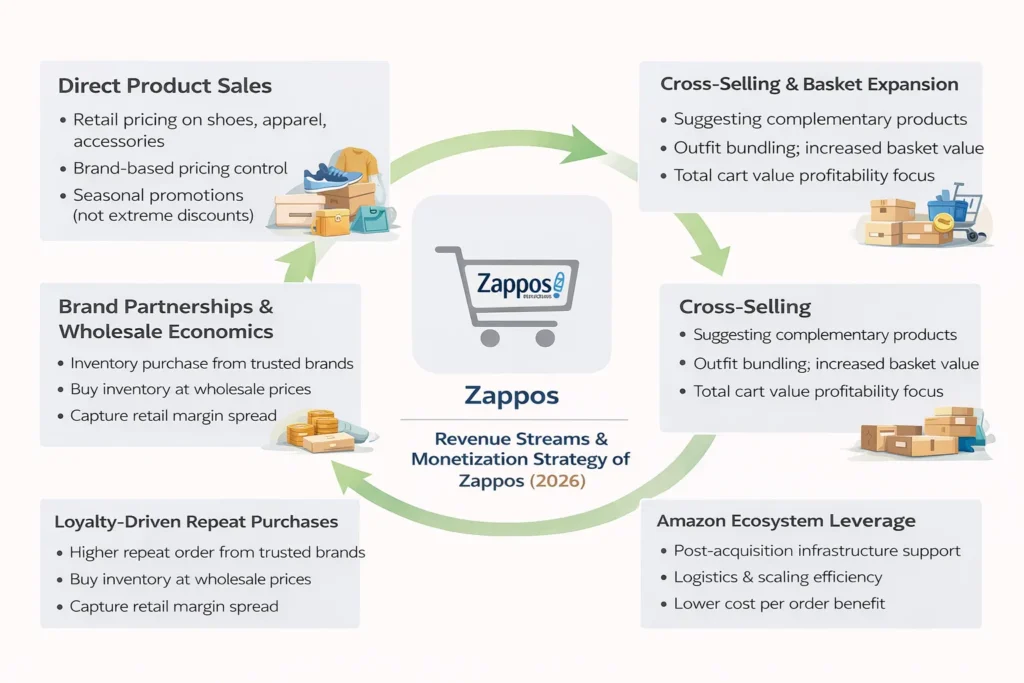 business model of Zappos2026 showing customer-first ecommerce, fast delivery, easy returns, and service-driven growth ecosystem