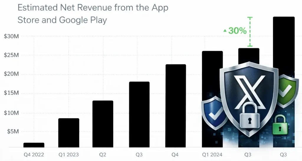 White-label X app revenue growth chart showing increasing app store earnings with security shield and trust indicators