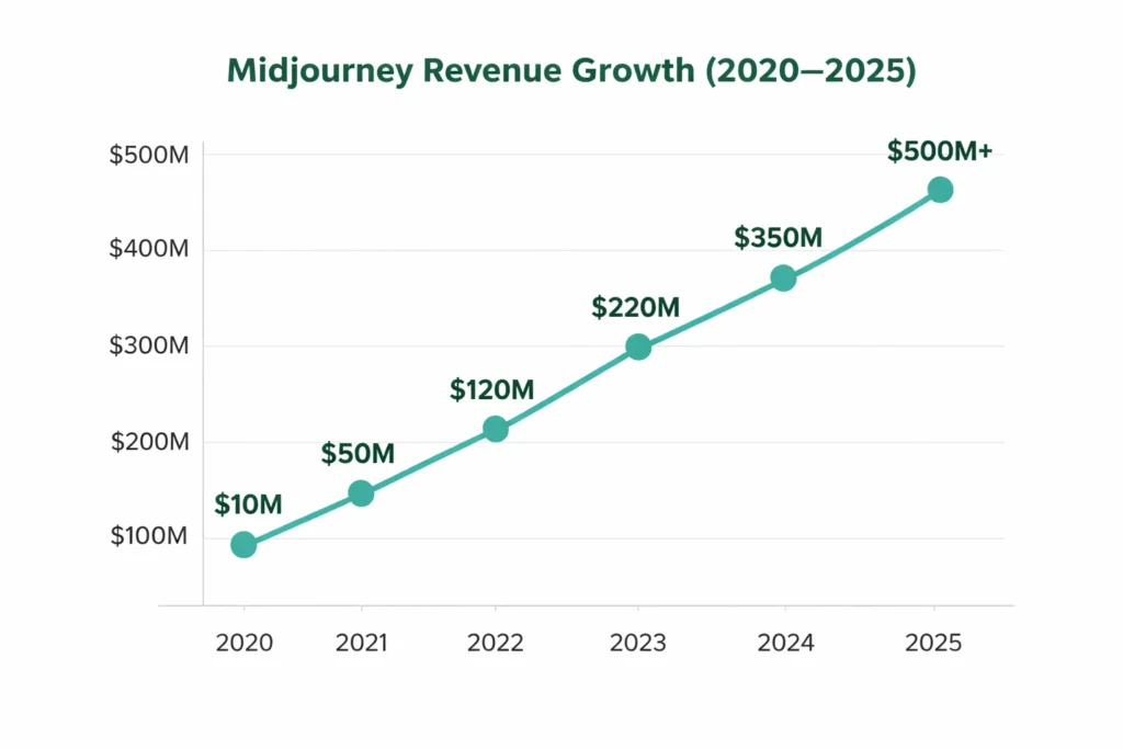 Revenue growth graph 2020–2025 Midjourney