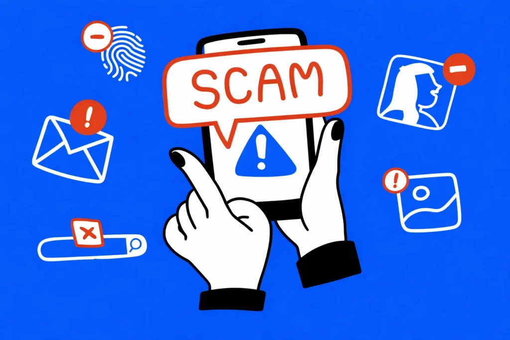 Smartphone showing scam warning with fraud alert icons like fingerprint, email, and identity threat