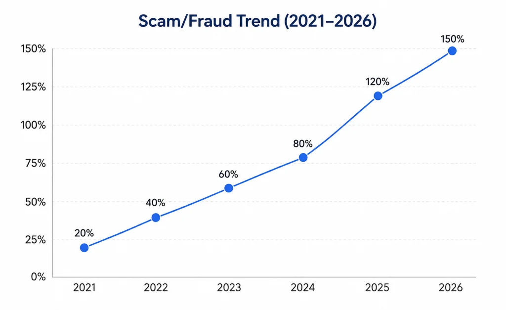 Scam and fraud trend chart showing increasing online fraud growth from 20 percent in 2021 to 150 percent in 2026