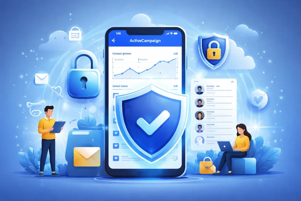 Secure ActiveCampaign mobile app dashboard with shield, lock icons, and protected customer data management interface