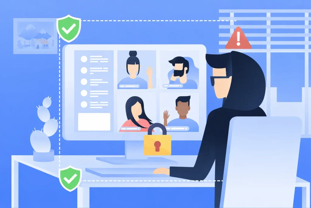Secure Zoom video meeting with encryption lock and safety shields illustration